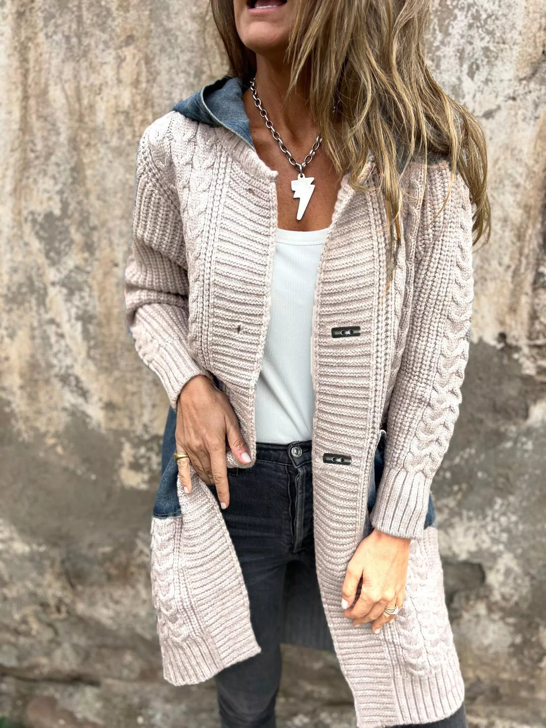 Apricot Hooded cable knit longline cardigan with toggle buttons
