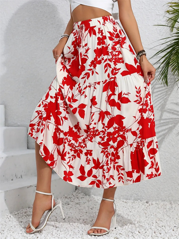 Floral ruffle-hem midi skirt with drawstring waist