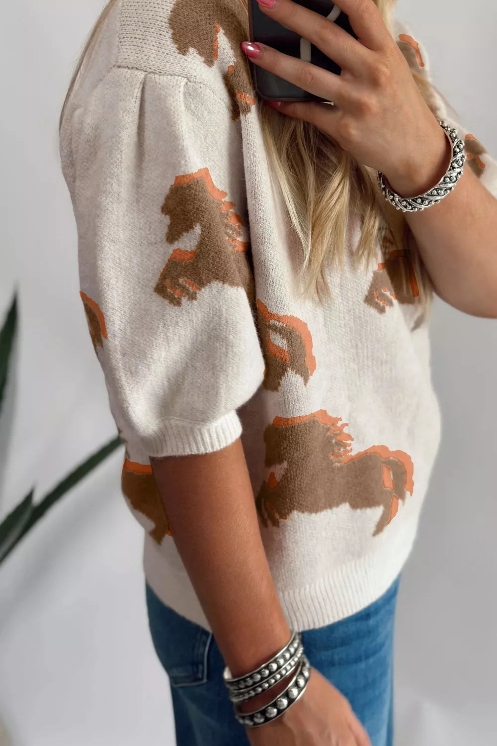 Horse graphic ribbed knit puff sleeve sweater top