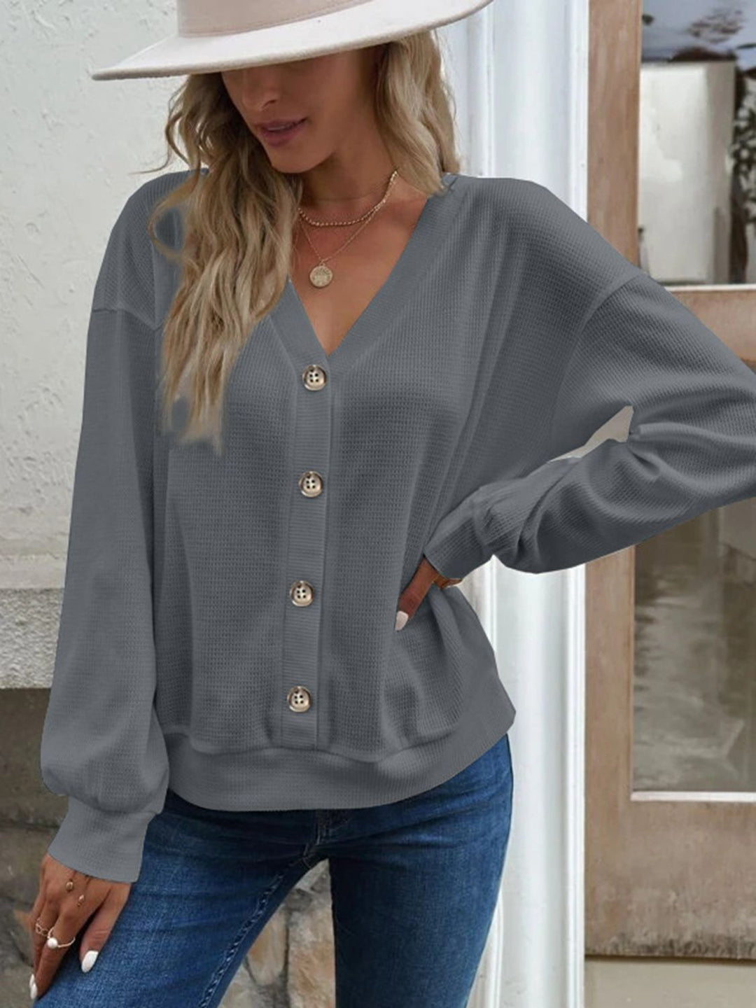 Dark Gray Waffle-knit V-neck button-front top with dropped shoulders