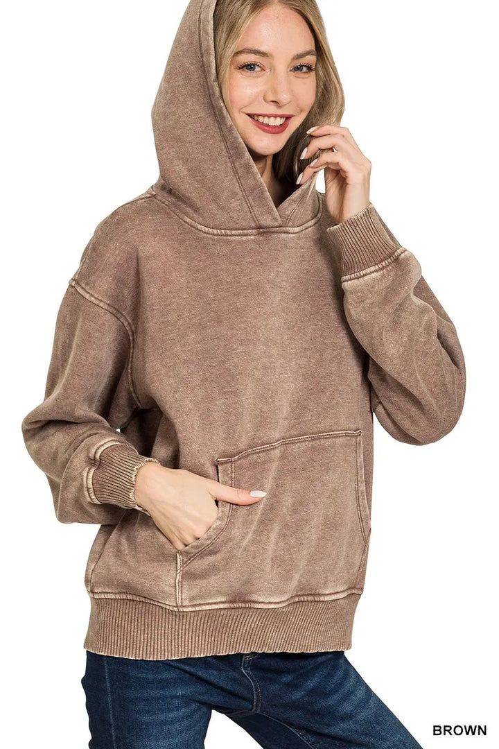 Acid wash fleece pullover hoodie with kangaroo pocket