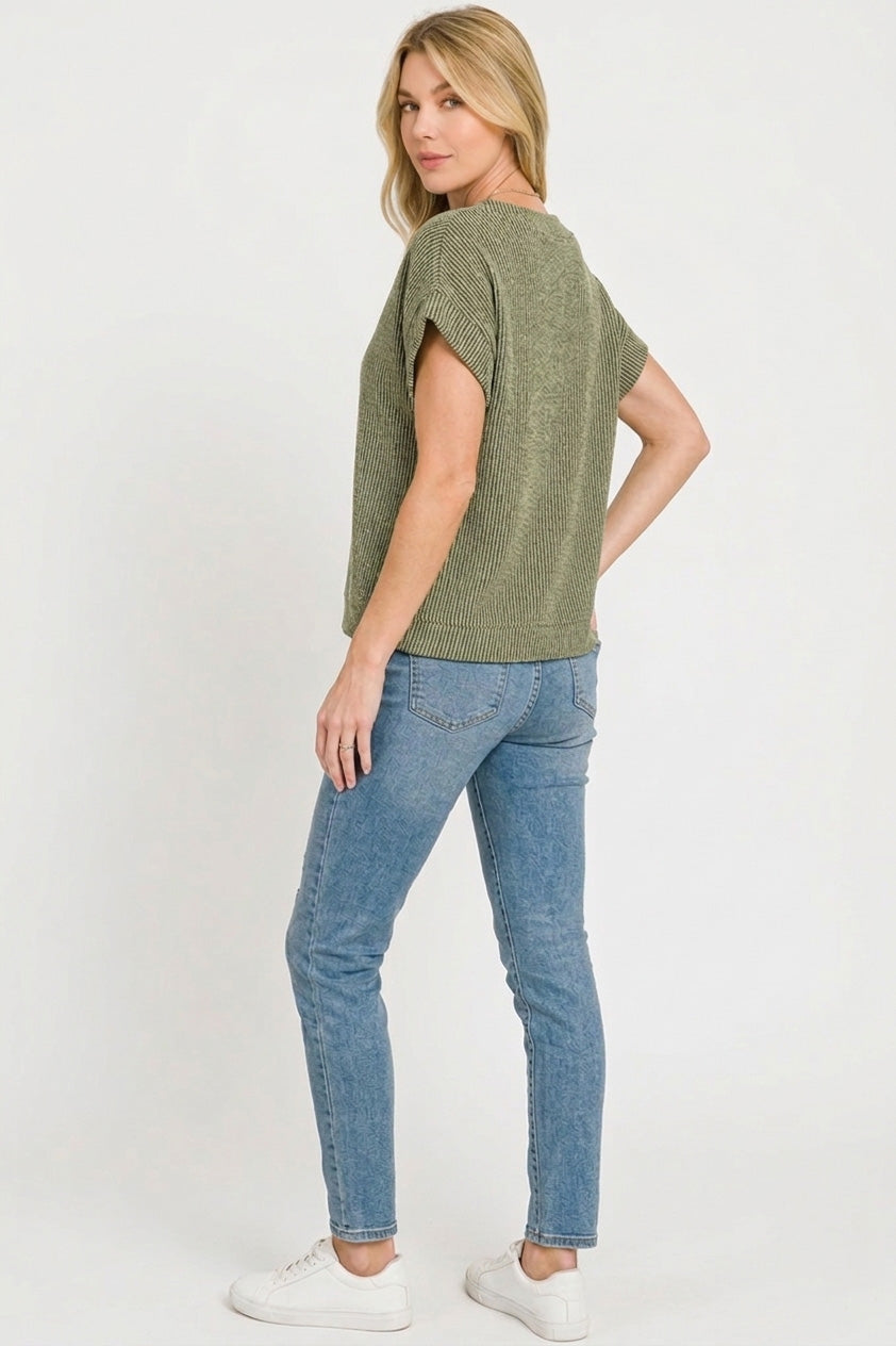 Raised rib knit cap sleeve top with rolled cuffs