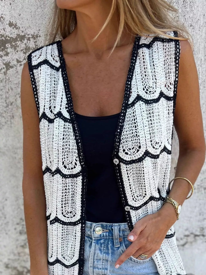 Sleeveless scalloped crochet longline cardigan
