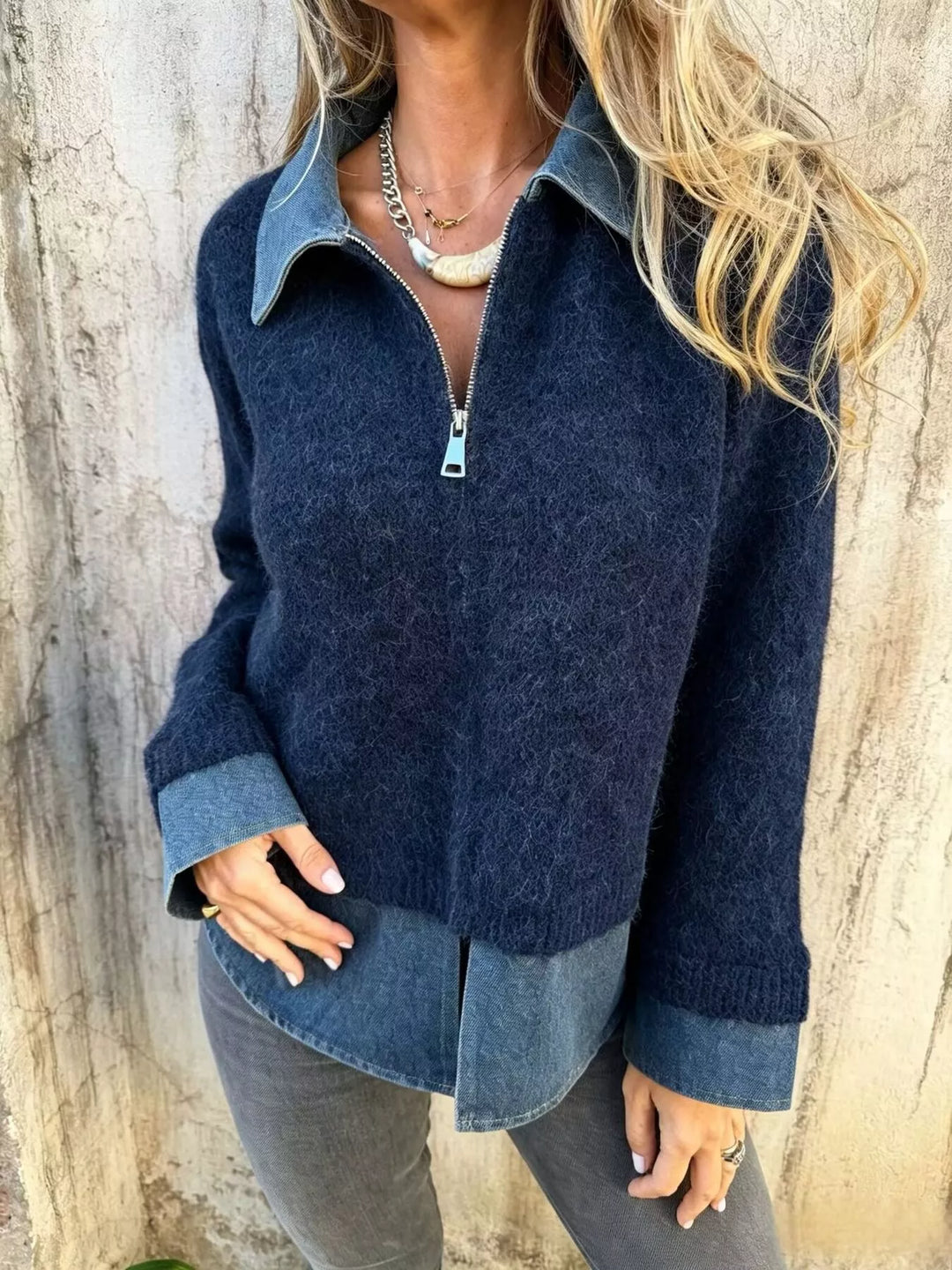 Navy Denim collar half-zip knit sweater with layered hem