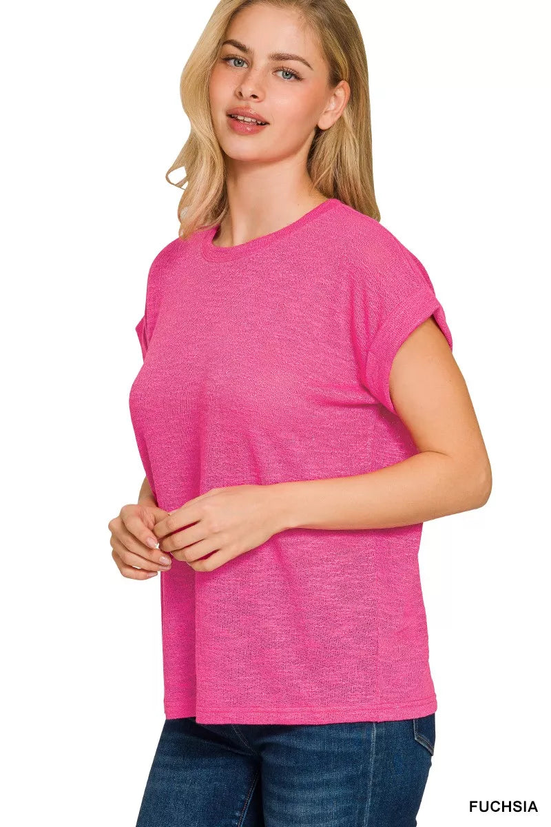 Hacci slub knit tee with rolled cuff short sleeves