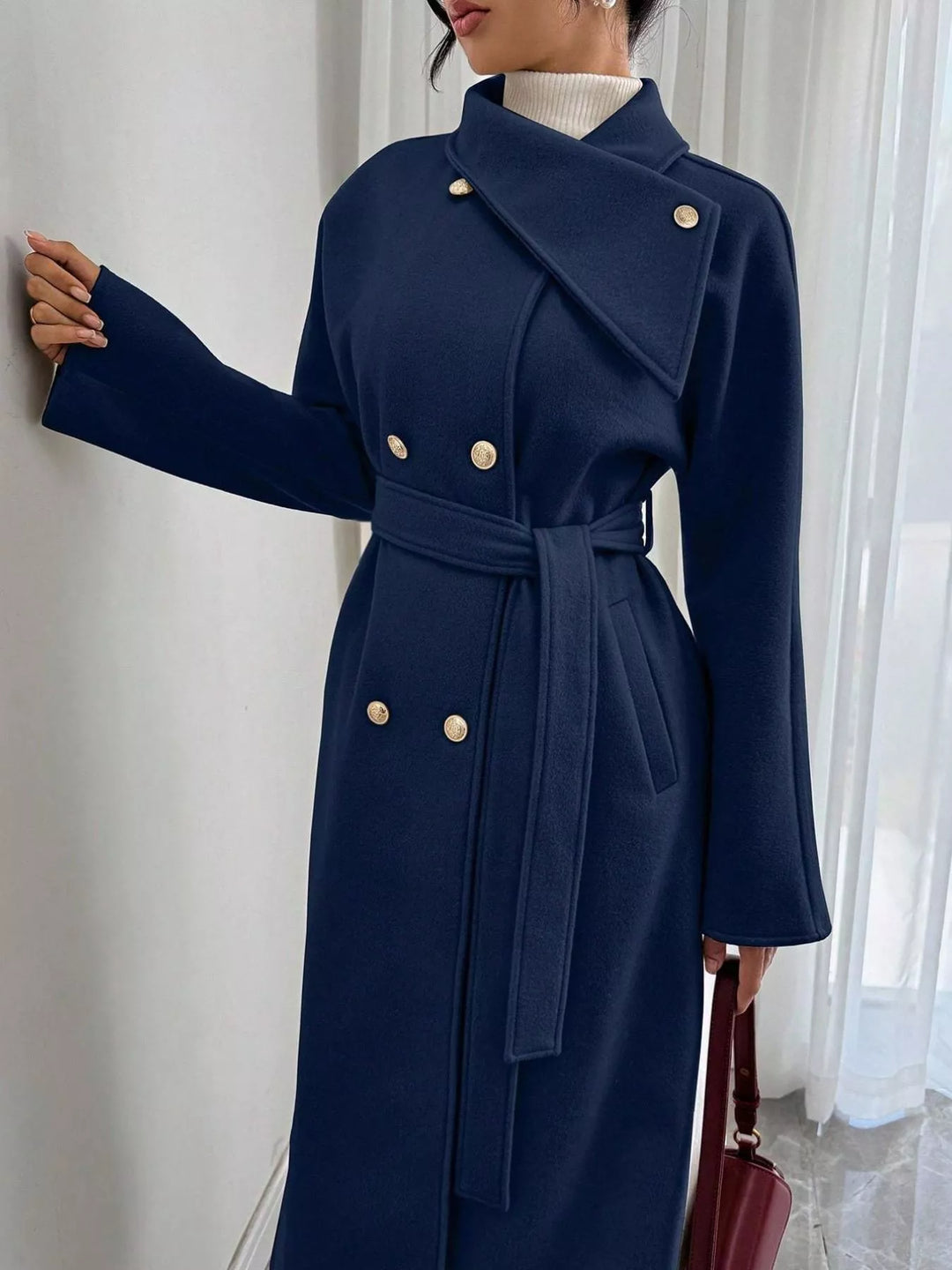 Blue Double-breasted belted longline coat with stand collar
