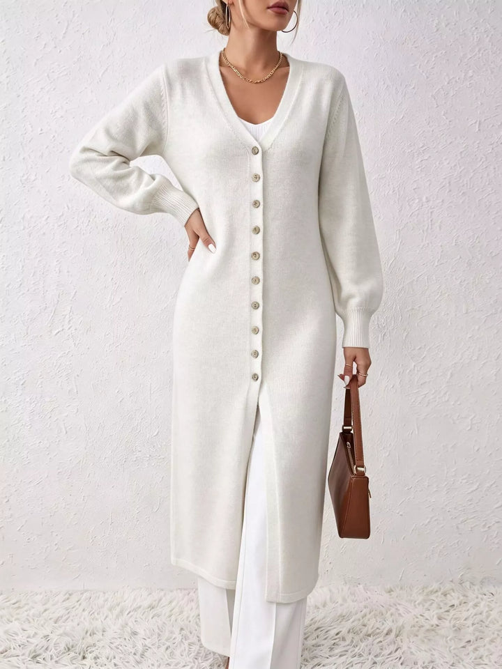 White Button-front V-neck knit sweater midi dress