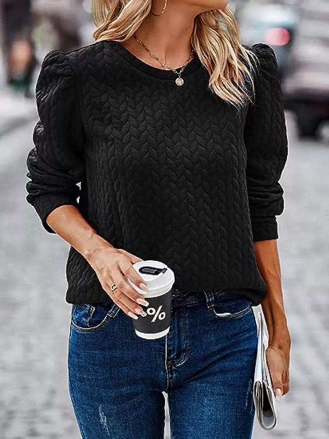 Black Textured cable-knit puff sleeve pullover top