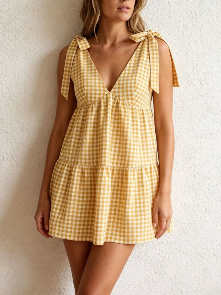 Yellow Gingham tie-shoulder babydoll mini dress