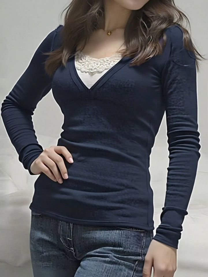 Dark Blue Long sleeve V-neck top with lace trim neckline