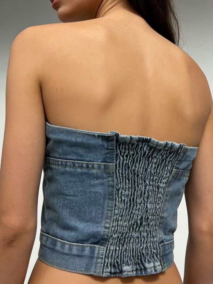 Button-front denim tube top with smocked sides
