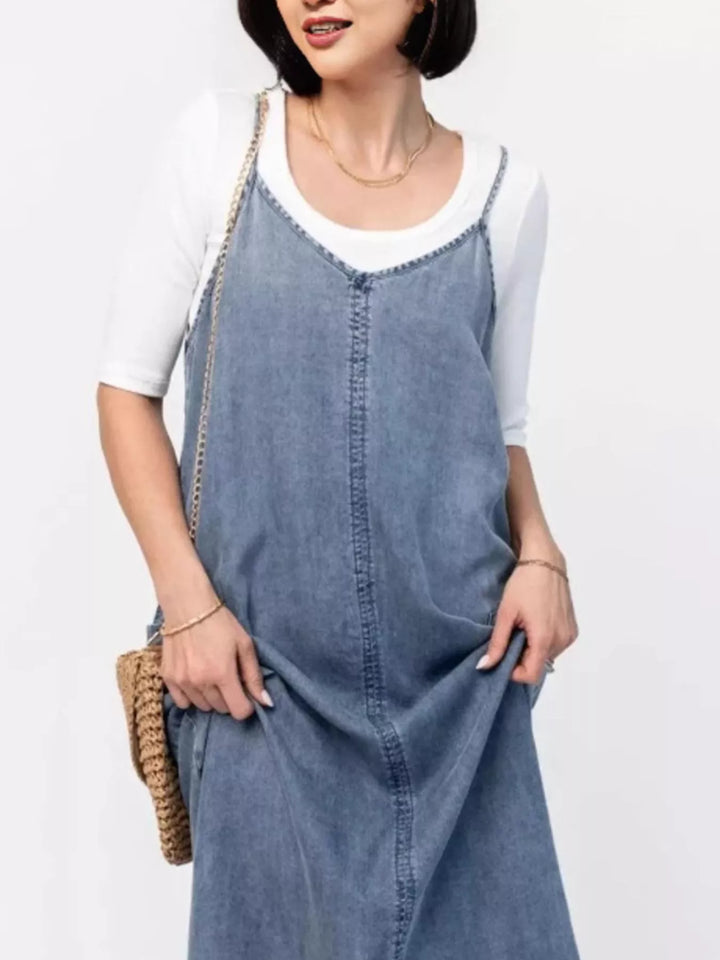 Washed denim cami maxi dress with side pockets