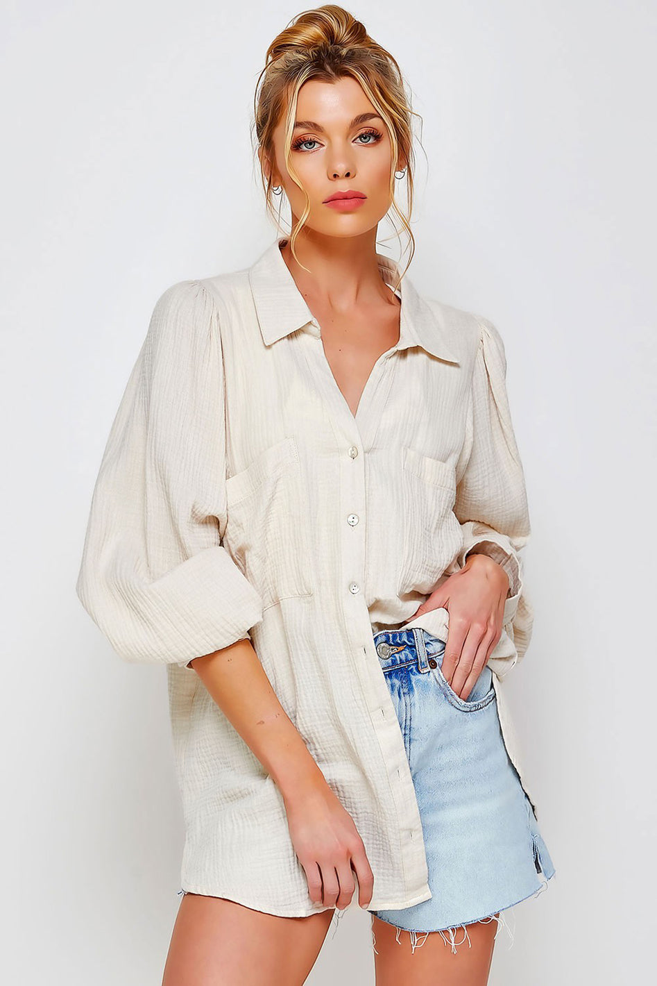 Marseille Textured Gauze Button Down Puff Sleeve Blouse