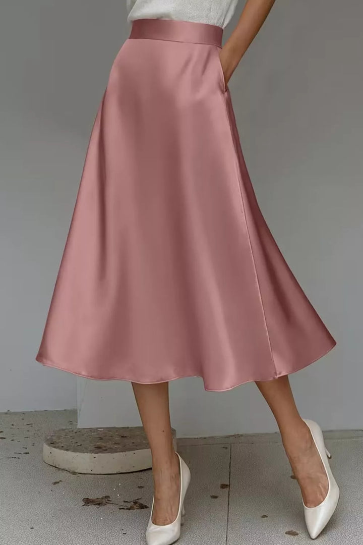 High-waist satin A-line midi skirt with pockets