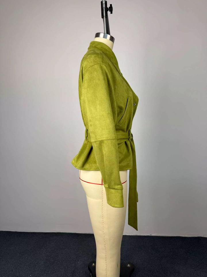 Tie waist cropped jacket with stand collar and snap front