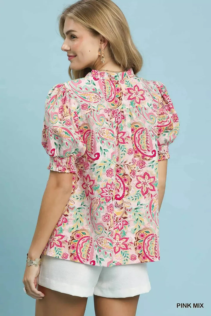 Paisley floral print puff sleeve V-neck top