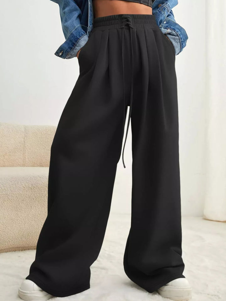 Black Pleated wide-leg drawstring pants with elastic waist