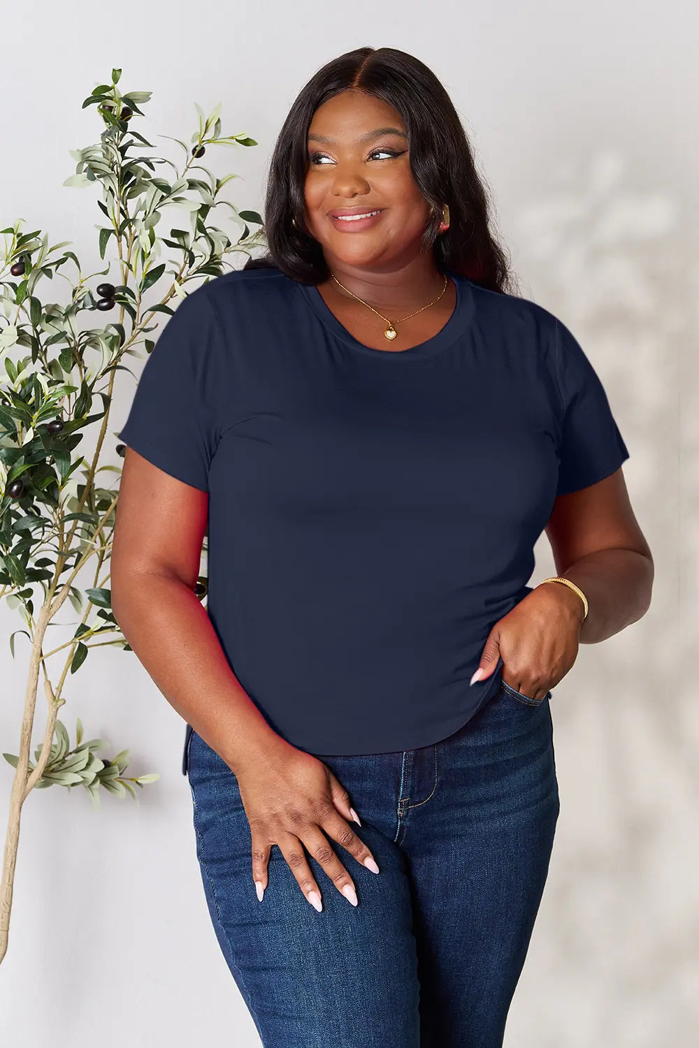 Round neck short sleeve tee in soft rayon knit