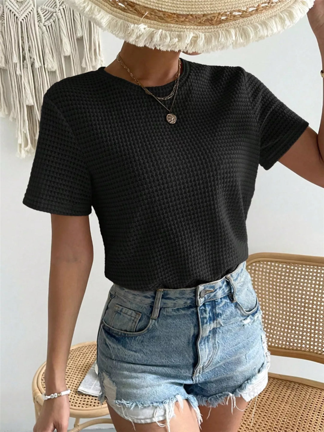 Waffle knit crew neck short sleeve top