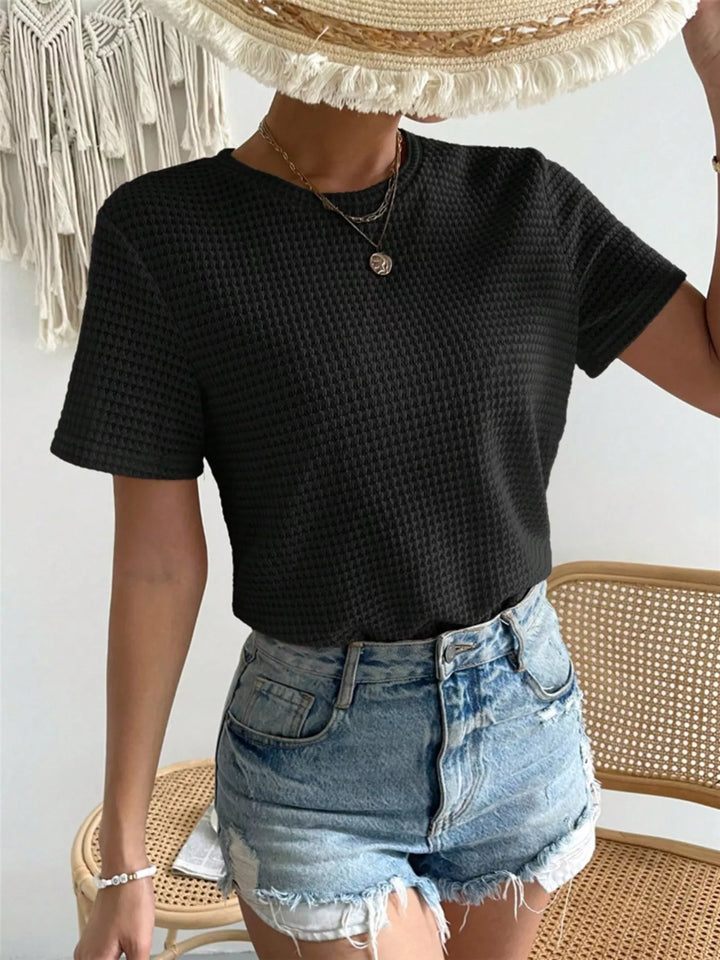 Waffle knit crew neck short sleeve top