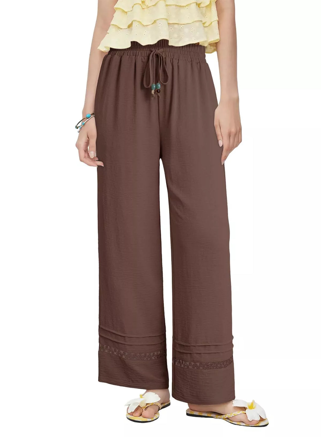 Wide leg drawstring pants with embroidered lace hem