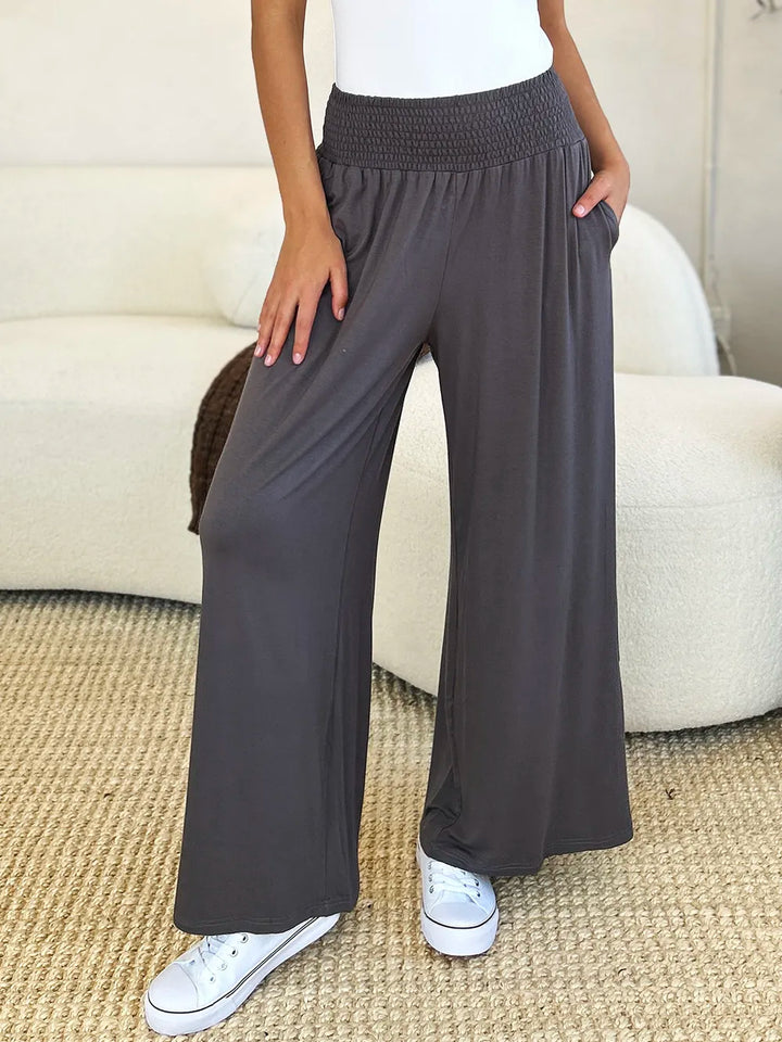 Smocked wide-waistband wide-leg jersey pants with pockets