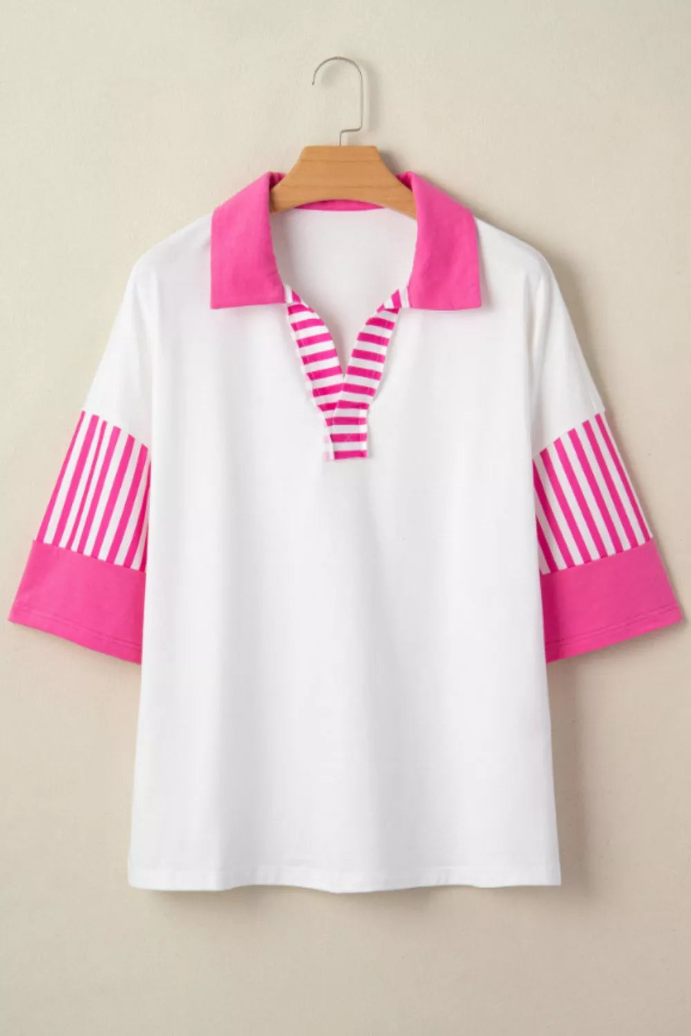 Striped color-block polo collar short-sleeve top