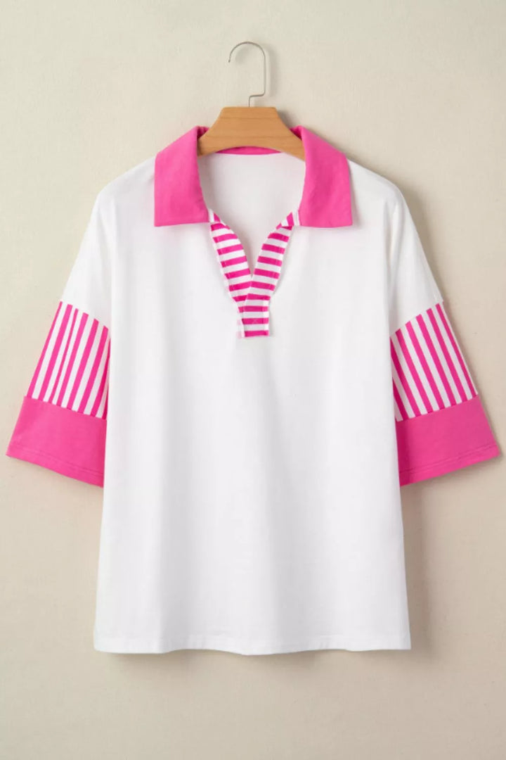 Striped color-block polo collar short-sleeve top