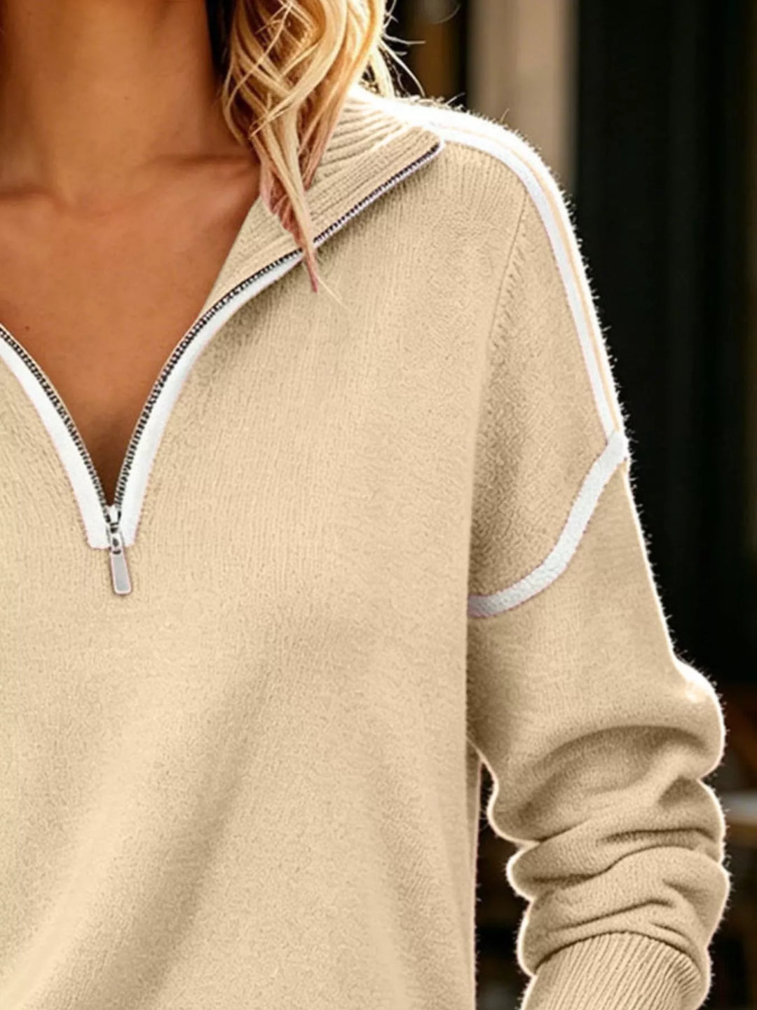 Quarter-zip drop shoulder sweater with contrast stitching