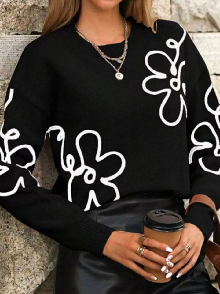 Line-drawn floral drop shoulder knit pullover sweater