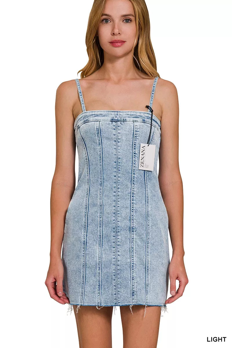 Exposed seam spaghetti strap denim mini dress with raw hem