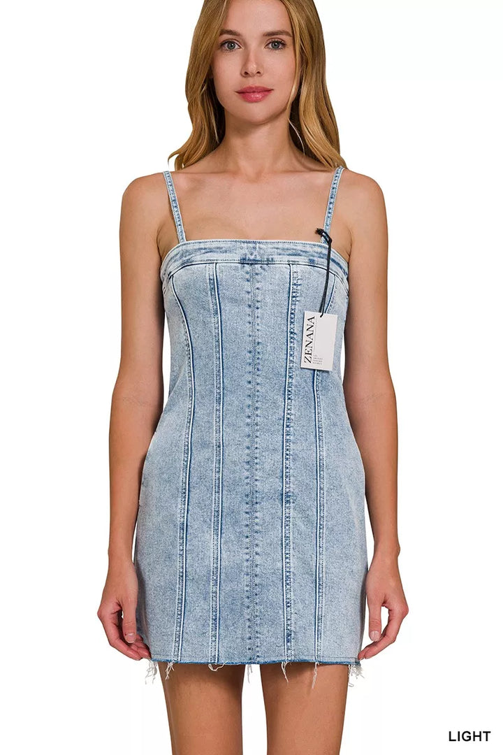 Exposed seam spaghetti strap denim mini dress with raw hem