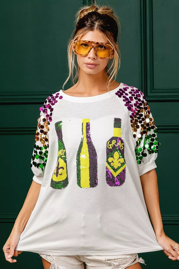 Sequin Mardi Gras bottles graphic tee with paillette sleeves