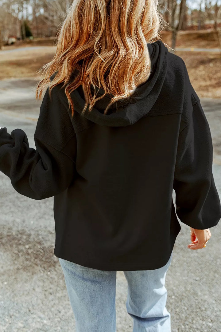 Zip-up hooded fleece jacket with flap pockets