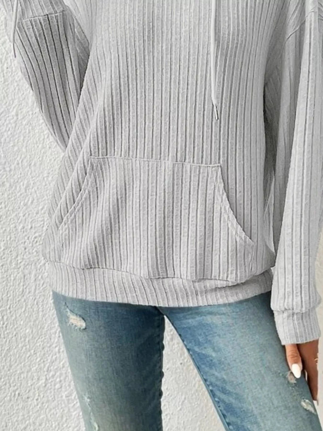 Ribbed knit hoodie with drawstring and kangaroo pocket