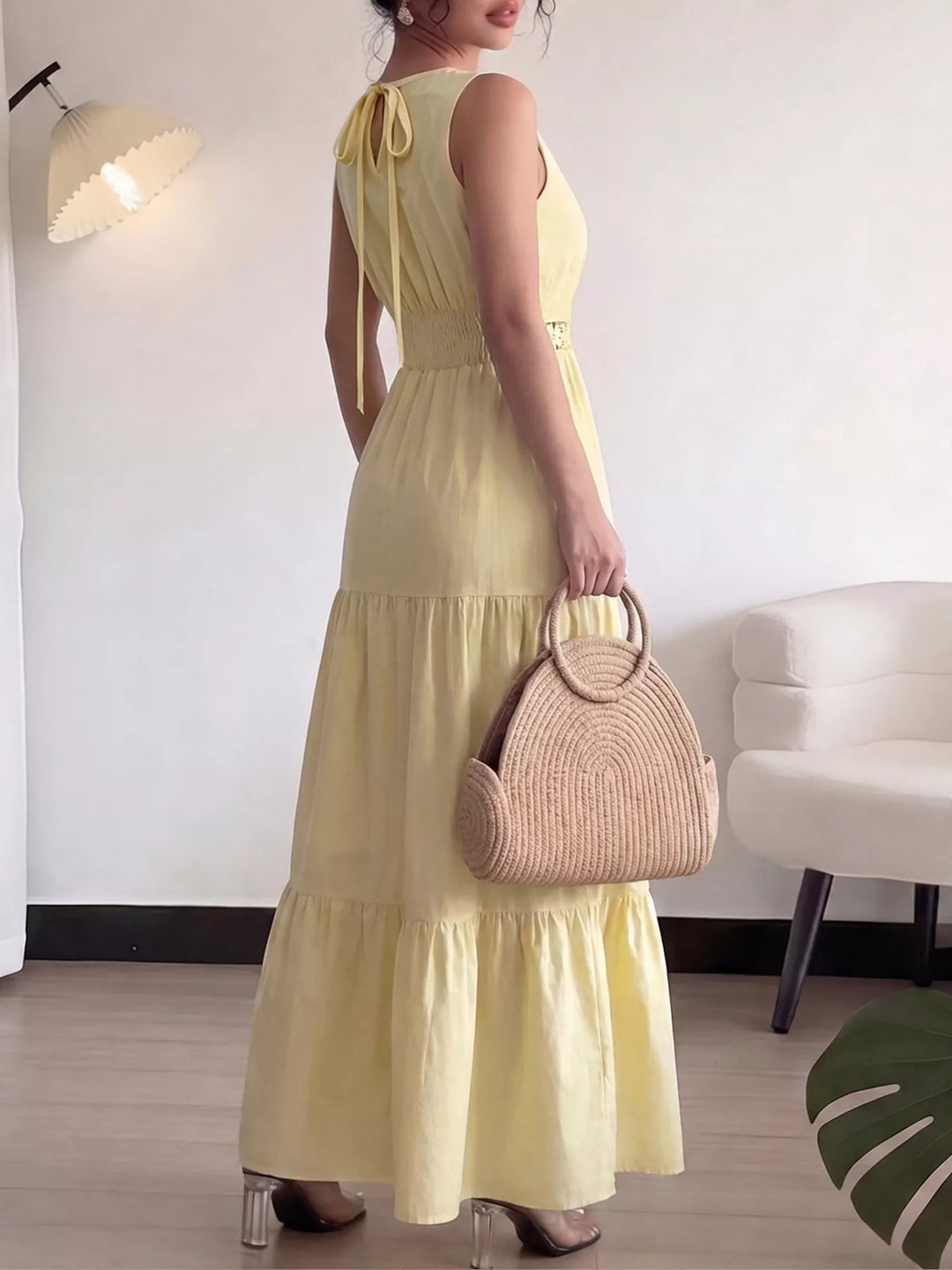 Sleeveless tiered maxi dress with lace inset waist