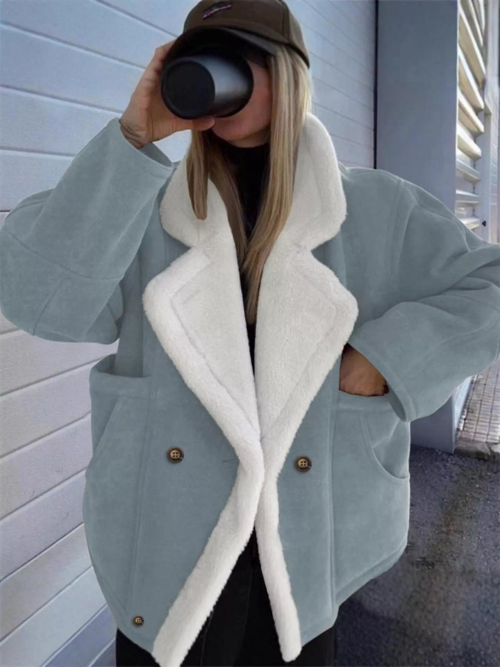 Sage Sherpa-lapel double-breasted drop shoulder fleece coat