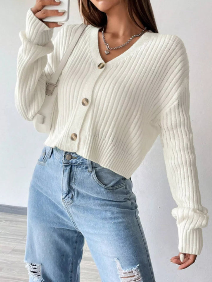 Ribbed knit V-neck button-up cardigan with drop shoulders
