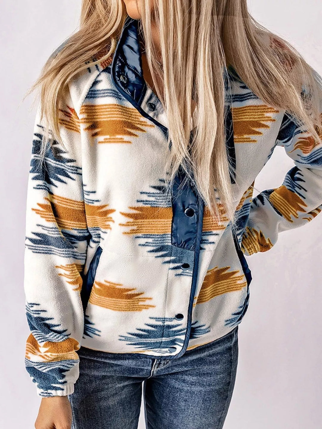 Aztec print fleece snap-front jacket with zip chest pocket