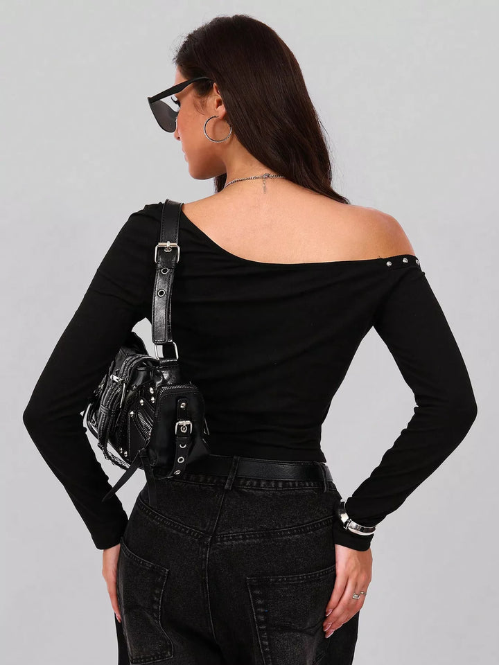 Studded one-shoulder long sleeve top with waist trim