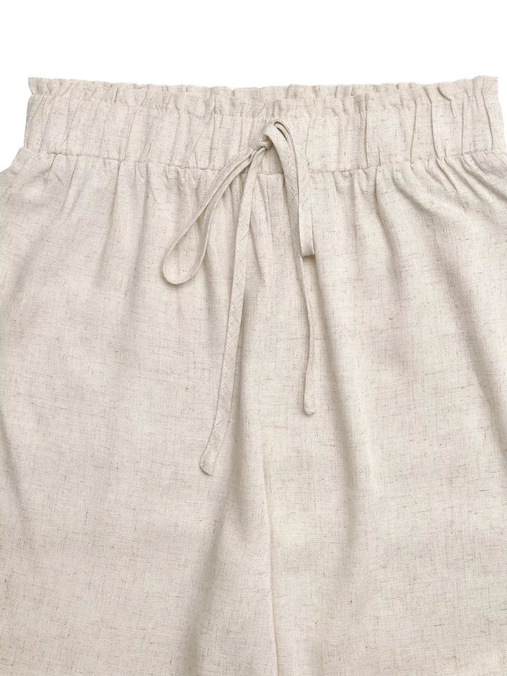 Drawstring wide-leg linen-blend pants with lace-trim hem