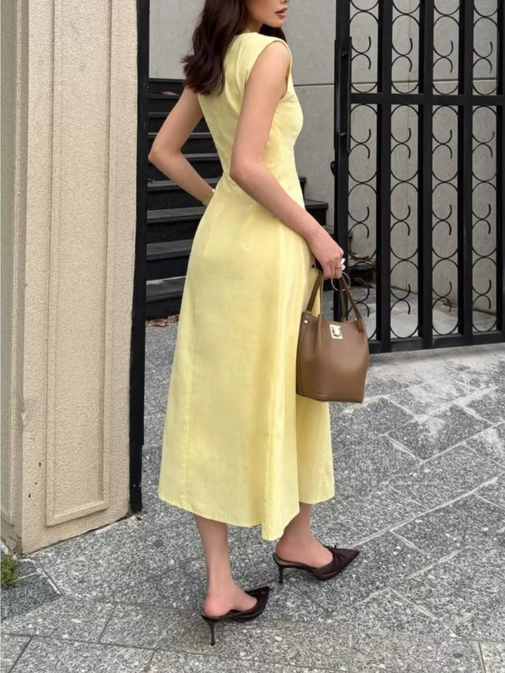 Sleeveless princess-seam A-line midi dress with scoop neck