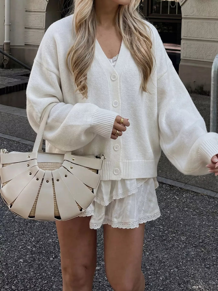 Button-front V-neck knit cardigan with drop shoulders