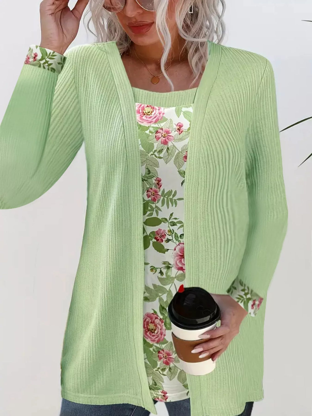 Floral two-in-one layered top with ribbed knit cardigan