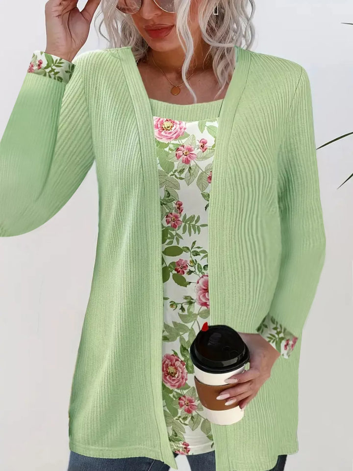 Floral two-in-one layered top with ribbed knit cardigan