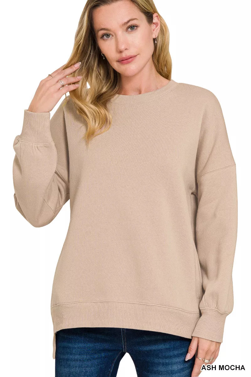 ASH MOCHA Hi-low fleece boyfriend sweatshirt with side pockets