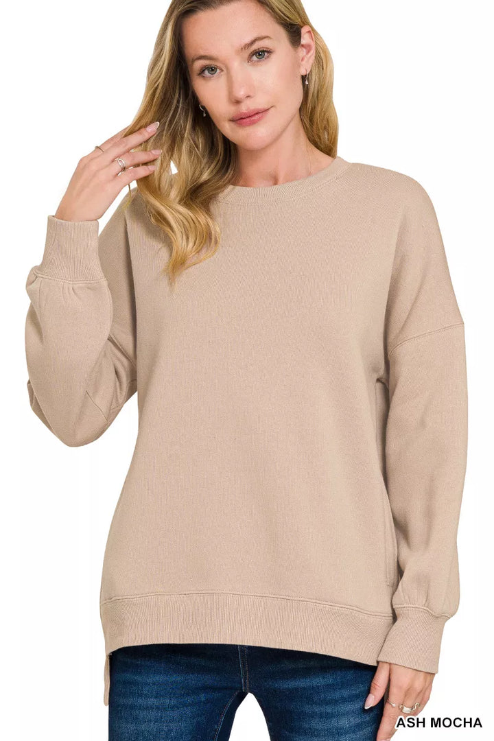 ASH MOCHA Hi-low fleece boyfriend sweatshirt with side pockets