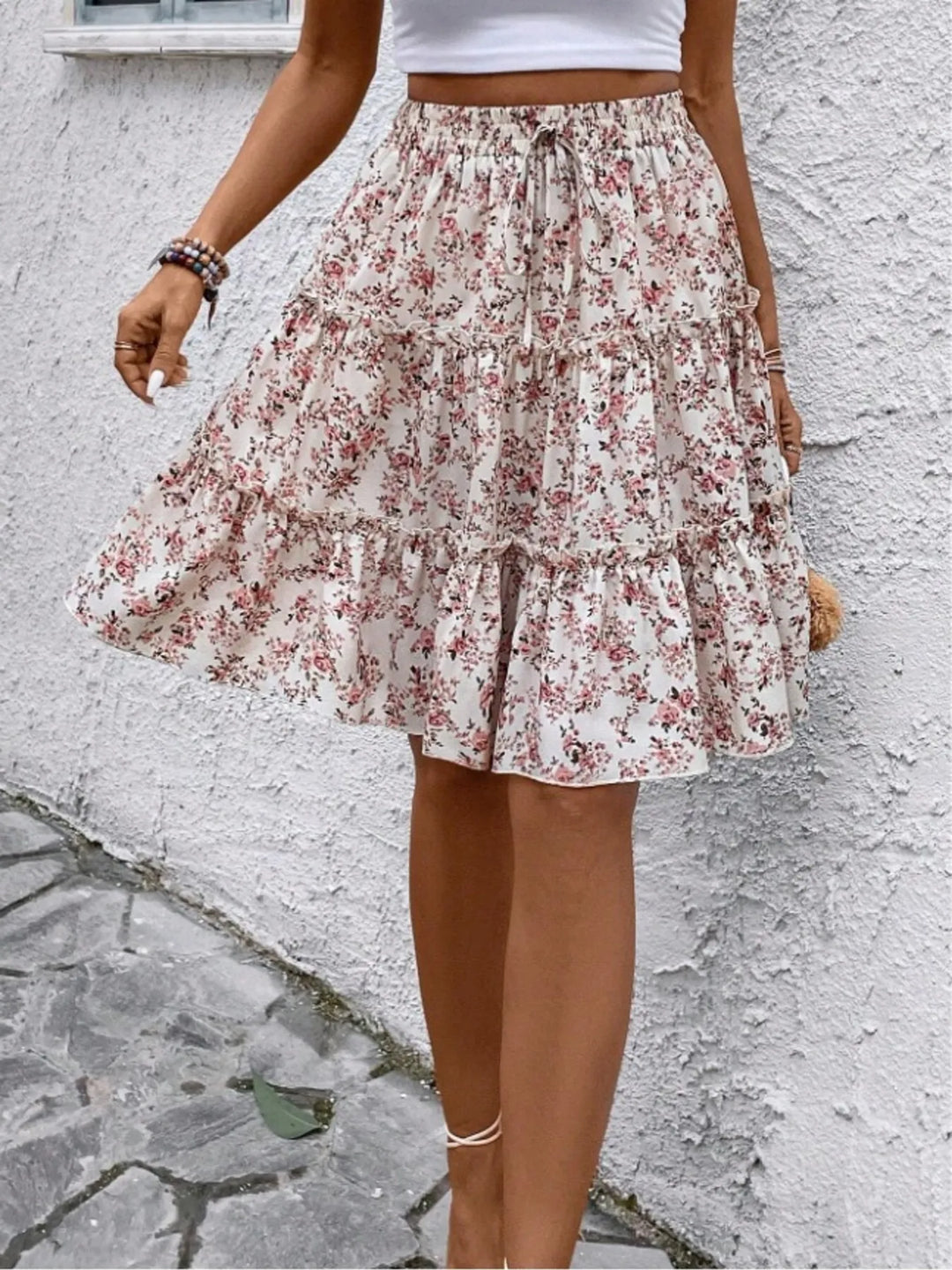 Apricot Floral print tiered ruffle mini skirt