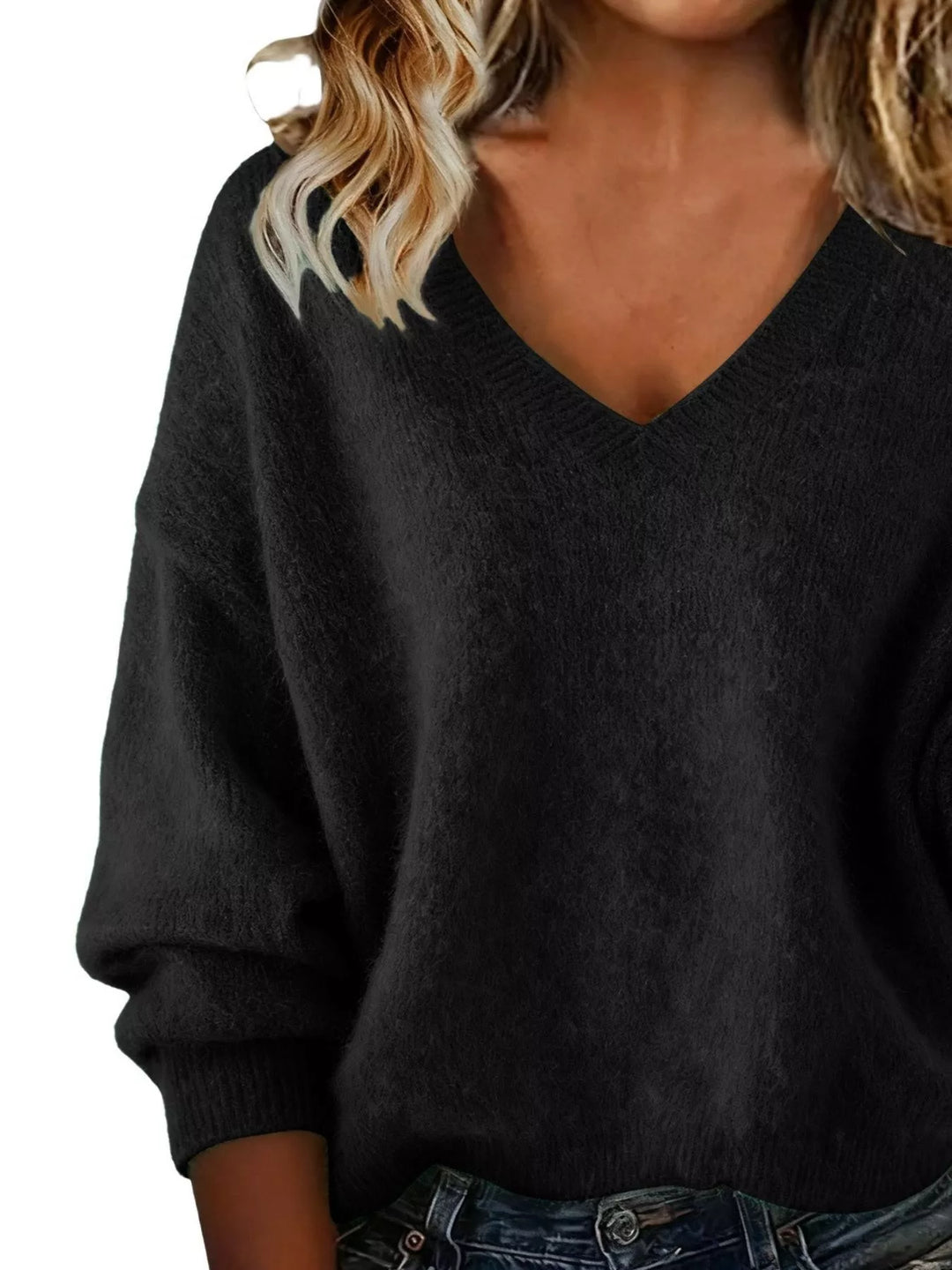 Dropped-shoulder V-neck brushed knit sweater