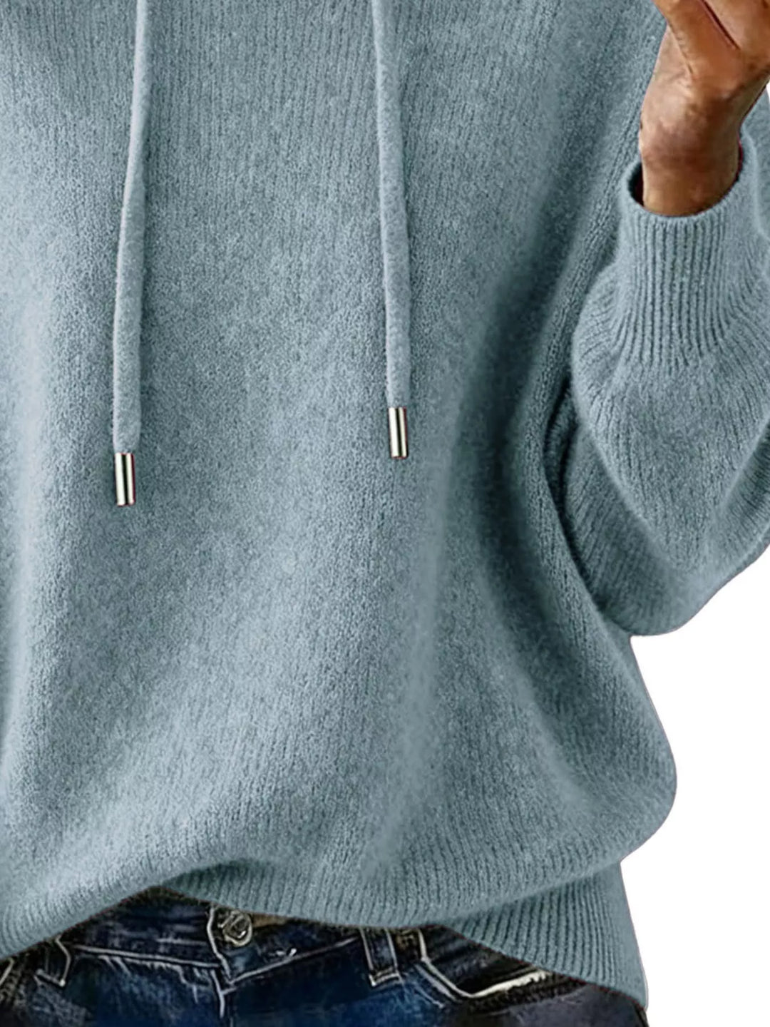 Drawstring hooded knit pullover sweater with ribbed cuffs